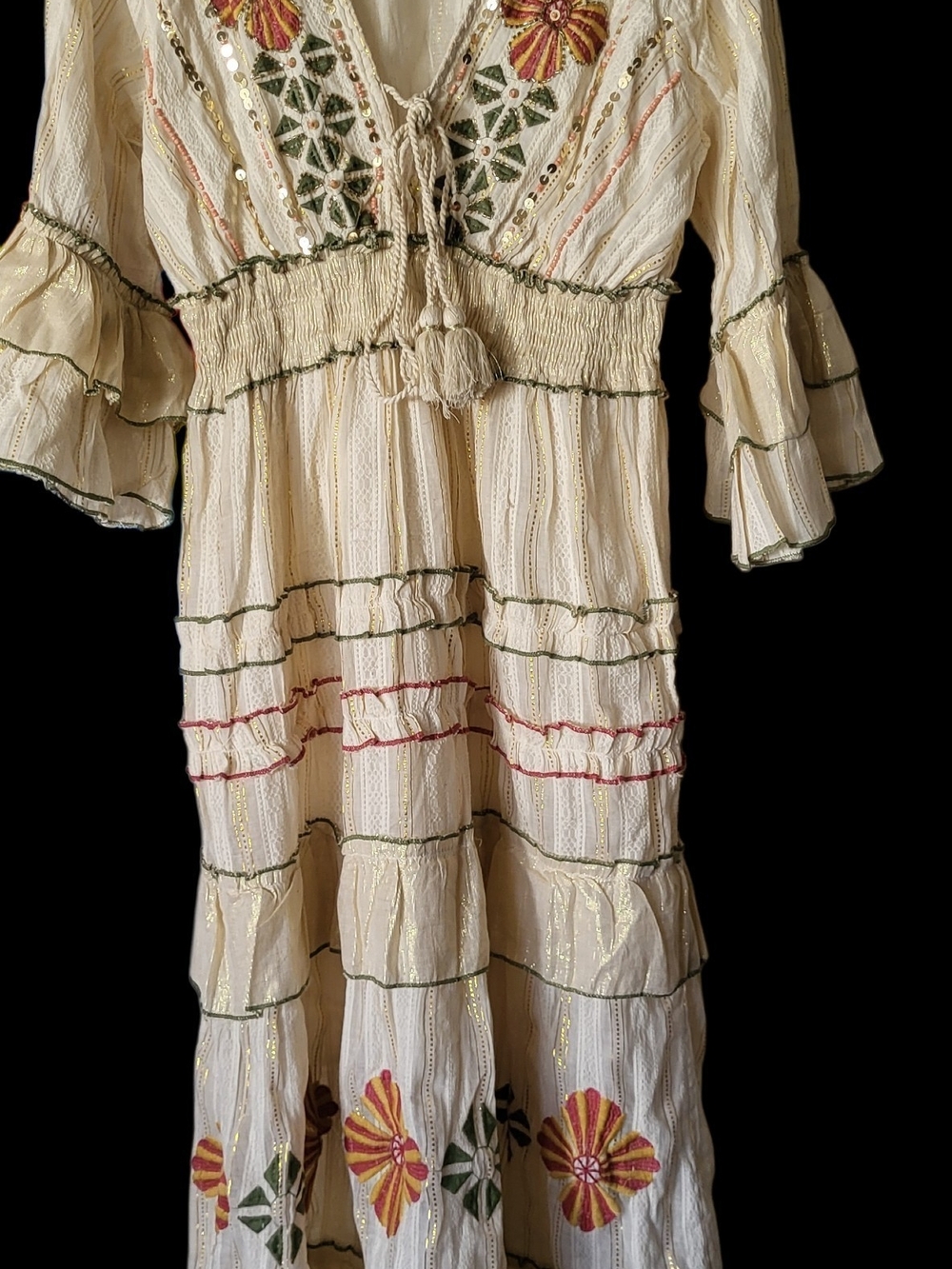 Boho Embroidered Cream Maxi Dress with Floral Motif